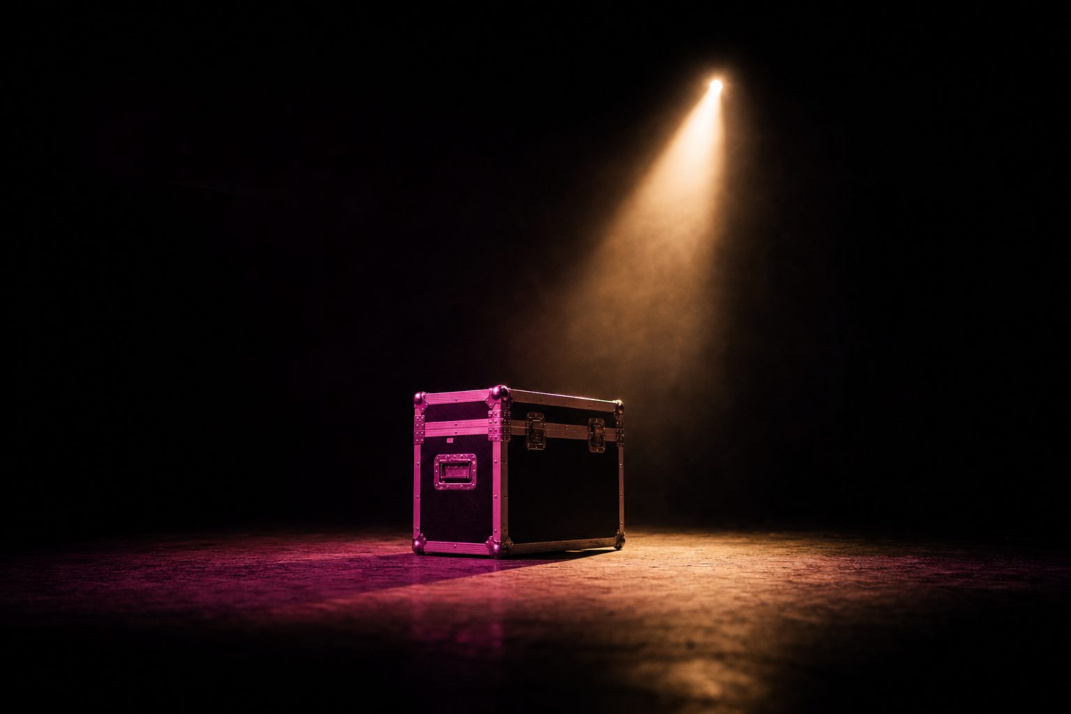 A single narrow beam picking one road case out of a completely dark empty venue, everything around it unlit and unresolvable.