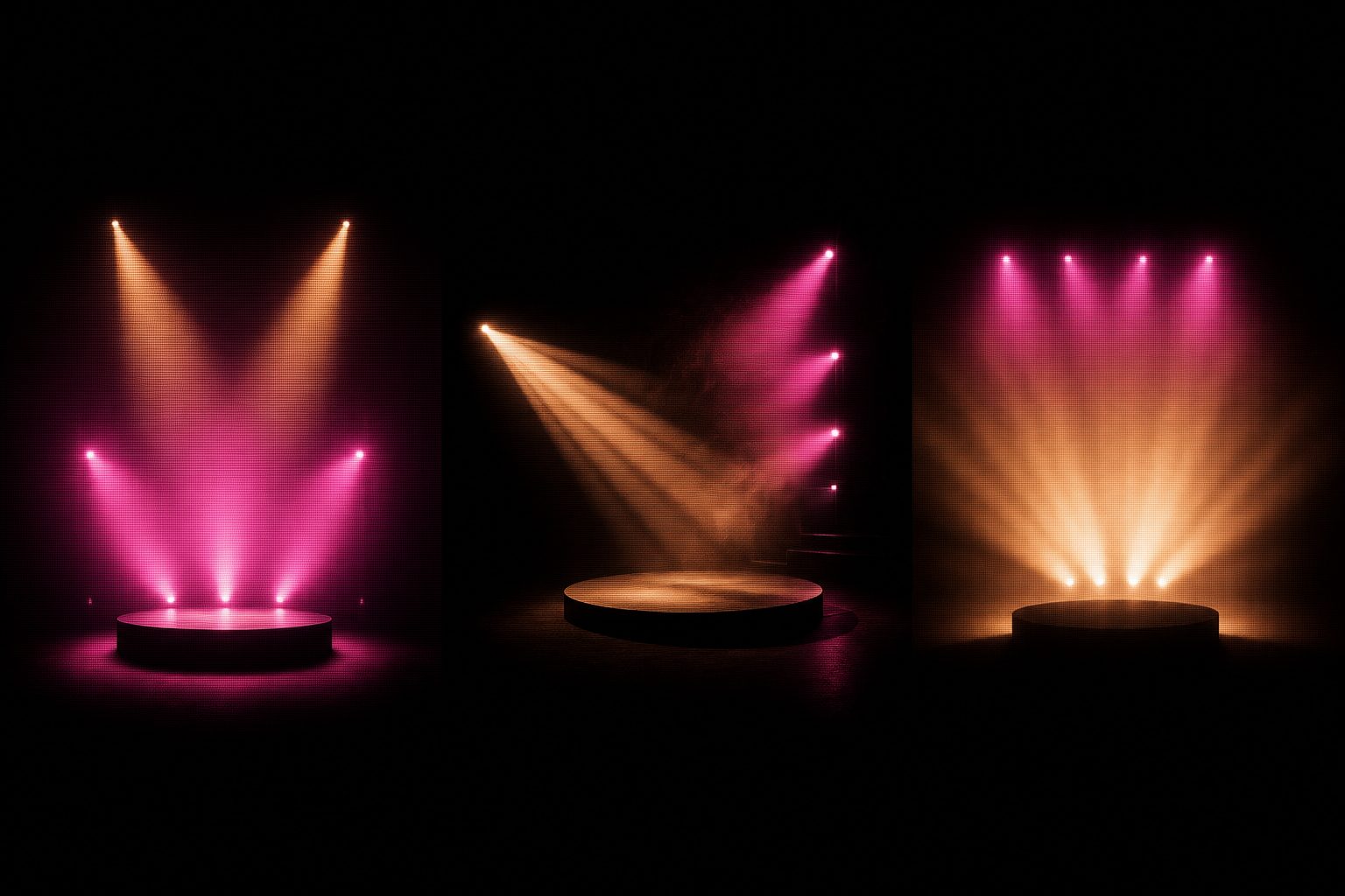 The same empty stage vignette repeated three times side by side, each lit differently: one flat and even, one raked hard from the side, one lit only from behind.