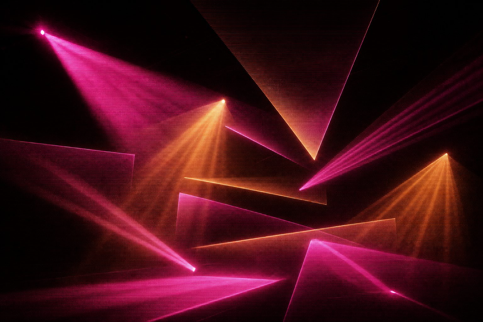 Abstract layered motion graphics in magenta and amber, arranged as separate depth planes.