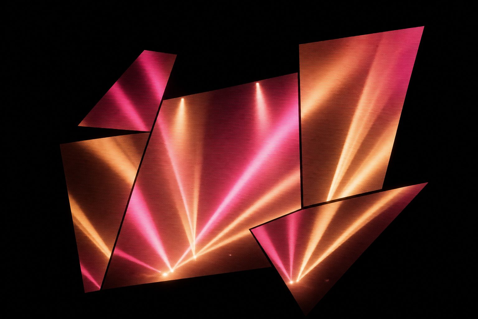 An irregular non-rectangular canvas floating in black: a shape assembled from several angled panels of different sizes, content flowing across all of them as one continuous field of light.