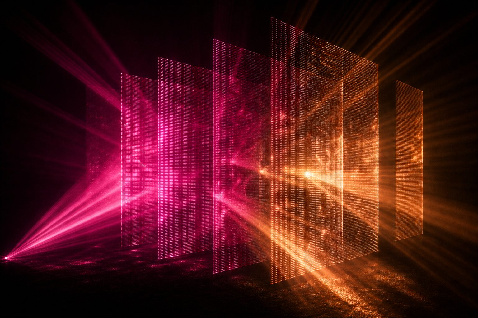 Transparent LED panels stacked one behind another in depth, resolving into a sense of volume.