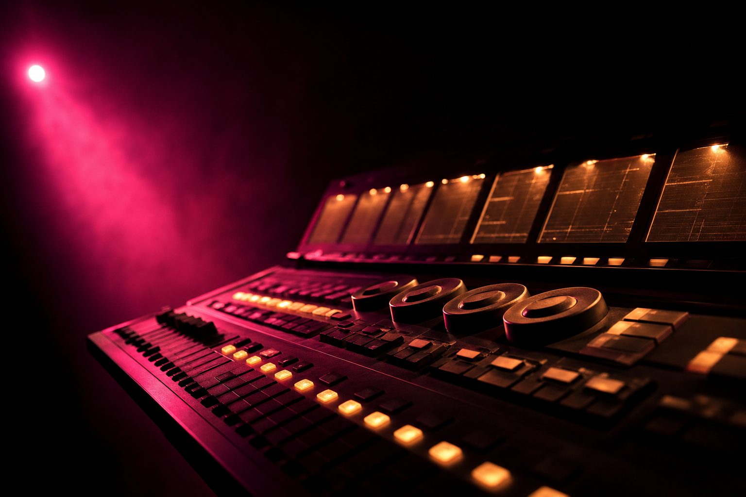 The encoder wheels and illuminated button banks of a lighting console in a dark venue, seen at a low raking angle, the row of small displays glowing amber, nobody at the desk.