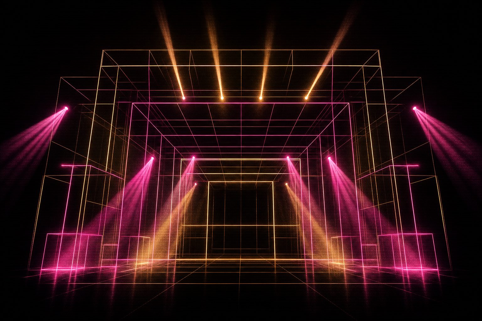 A wireframe stage rendered in glowing outline, floating in black space with no surroundings.