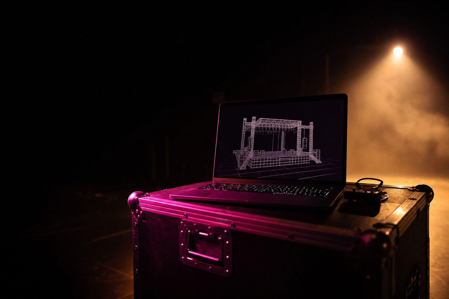A laptop resting on a road case showing a wireframe stage model, its screen the only light in a dark room.