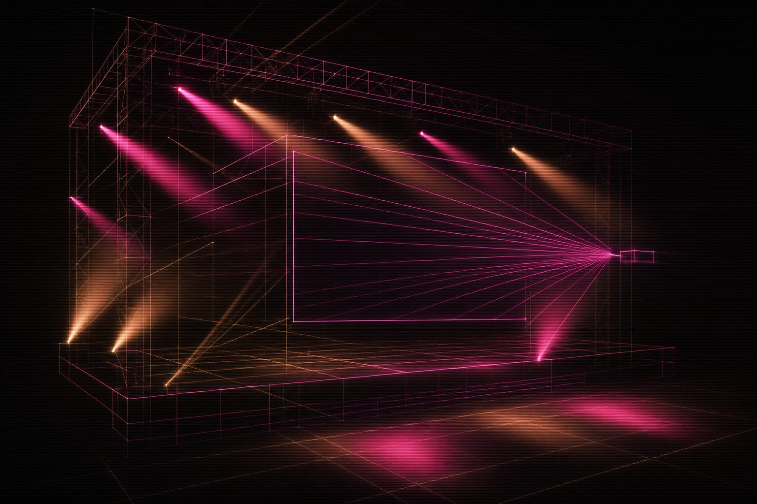 A wireframe stage built from thin glowing lines floating in pure black: truss spans, a rectangular screen plane, and a projector position marked by a cone of frustum lines converging on it.