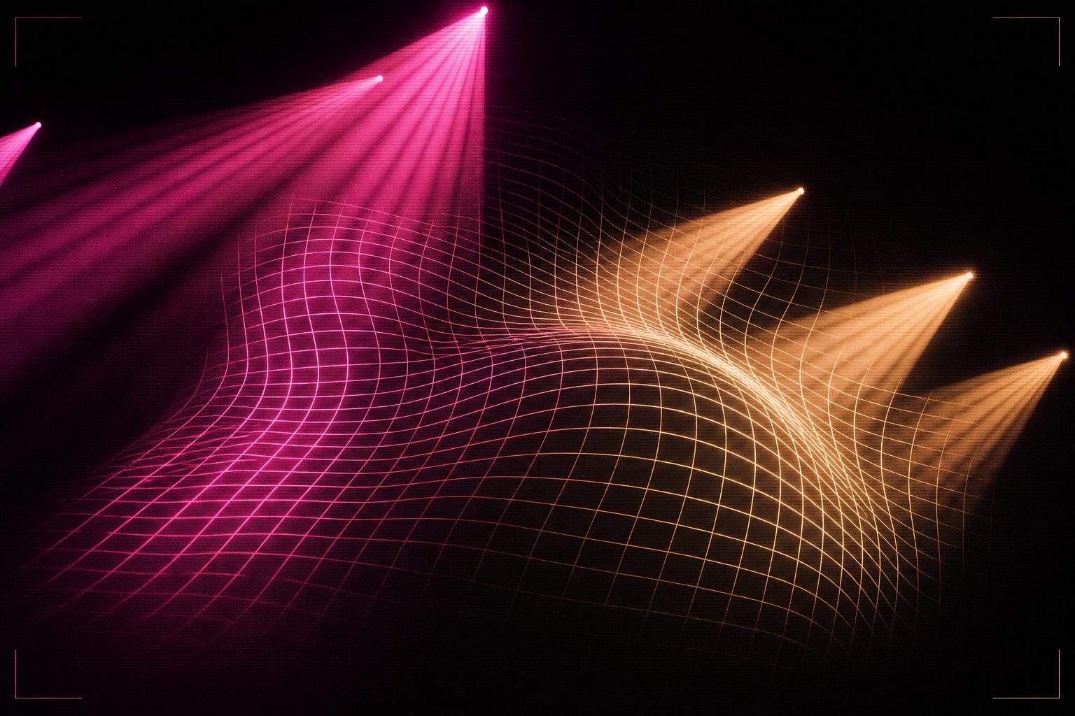 Mesh warp lines bending across a curved surface, with corner registration marks visible at the edges.