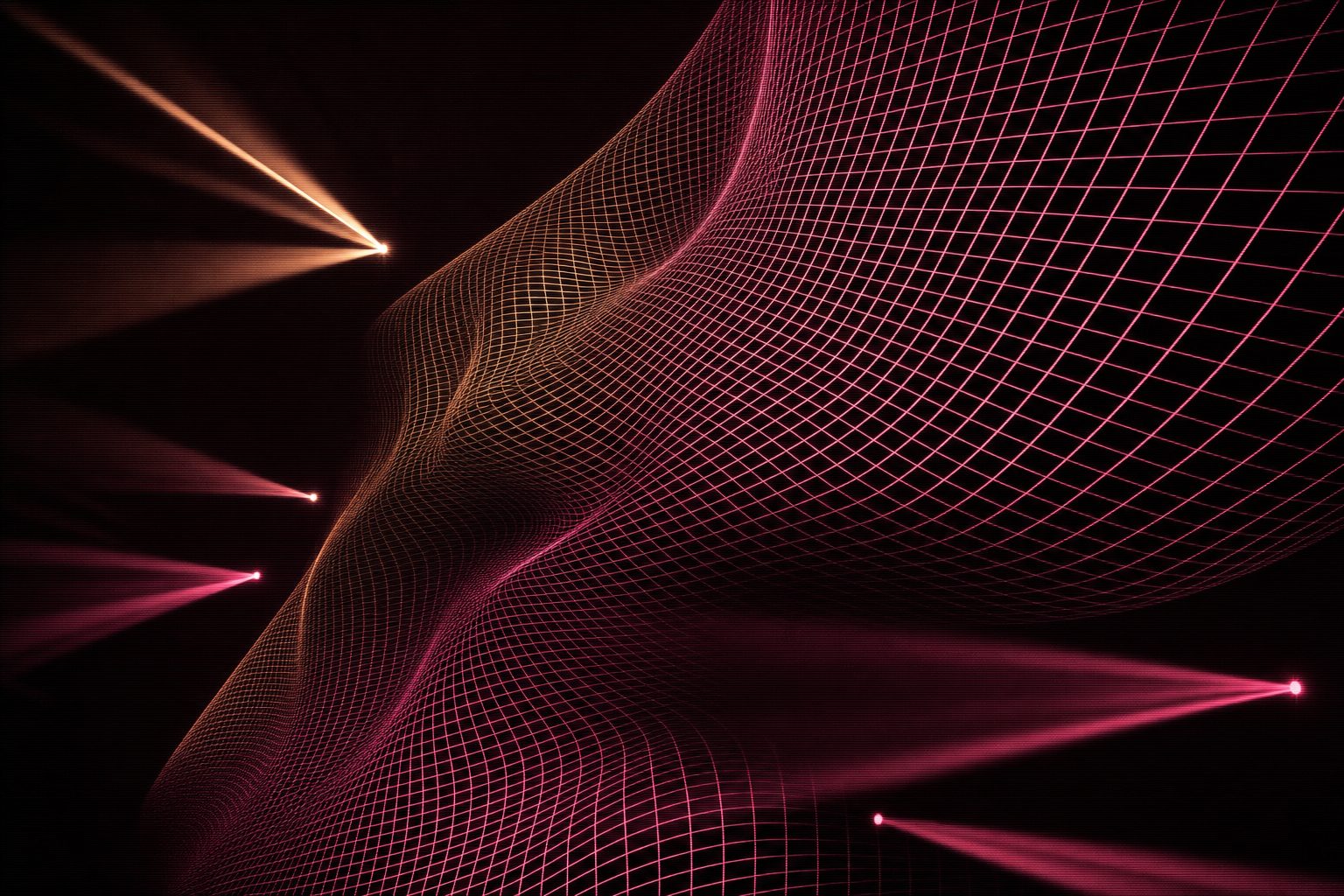A fine calibration mesh of glowing lines stretched over a large curved object, the grid squares distorting where the surface bends away, the object itself invisible except where the mesh describes it.