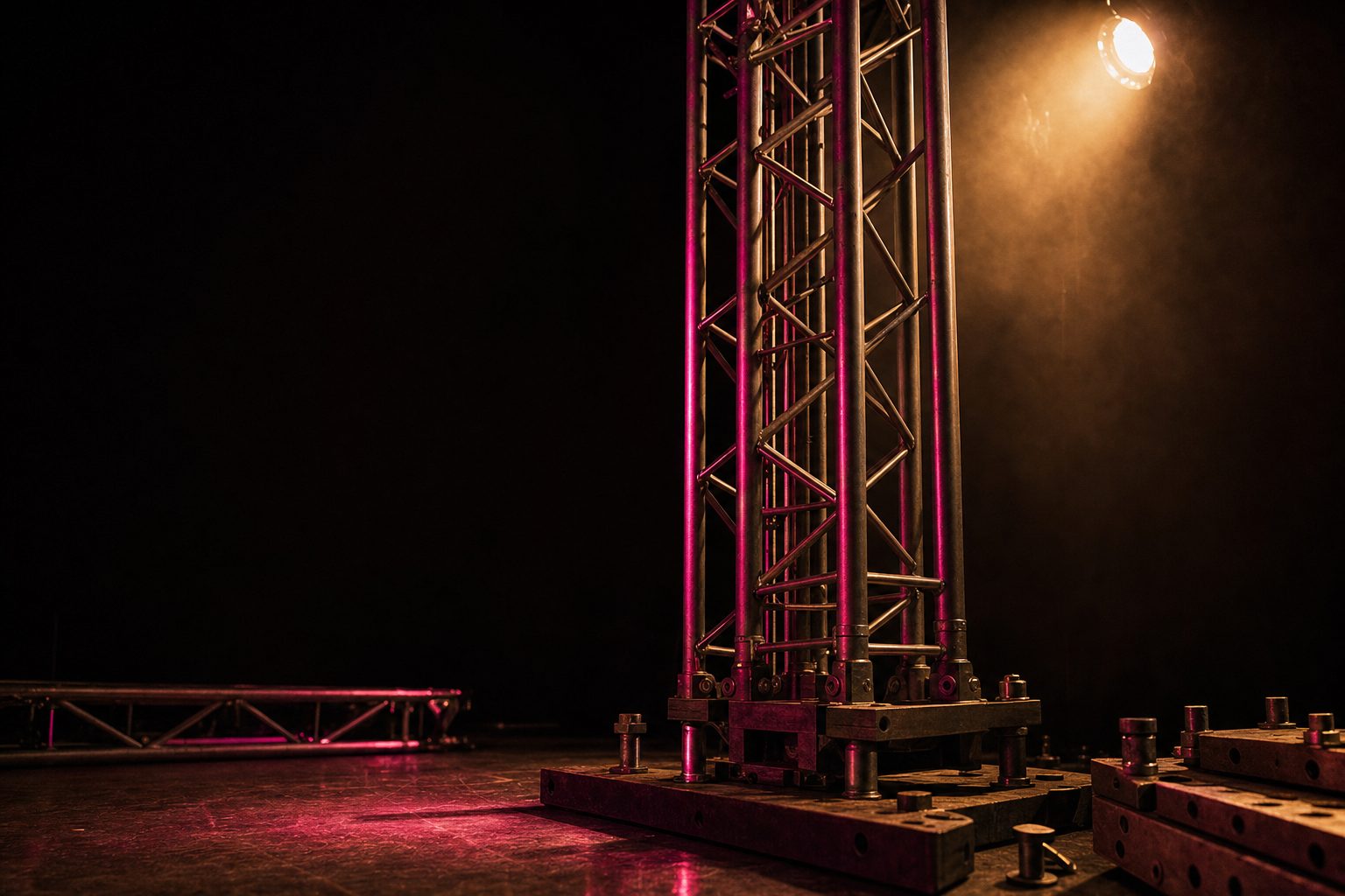 A bare truss tower being assembled on an empty stage, steel joints and bolts picked out by raking light.