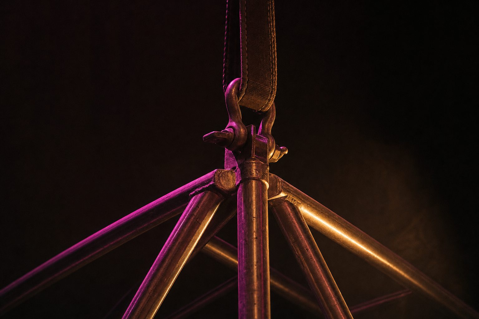 A close study of one truss node in an empty dark venue: the junction where three tubes meet, a steel shackle and a strop taking the load, everything else falling into black.