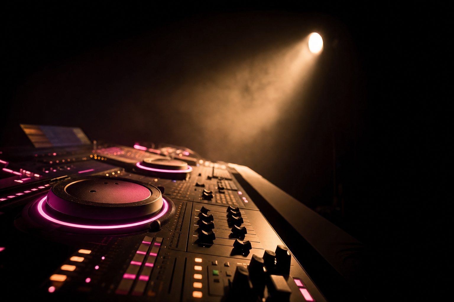 A control surface with illuminated jog wheels and faders glowing in a dark booth.