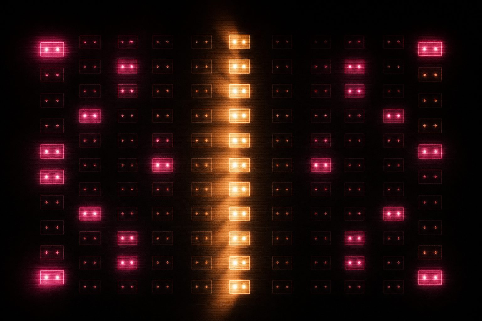 A grid of glowing rectangular cells arranged in columns and rows, some bright and active, most dim and waiting, one whole column lit together as though fired at once.