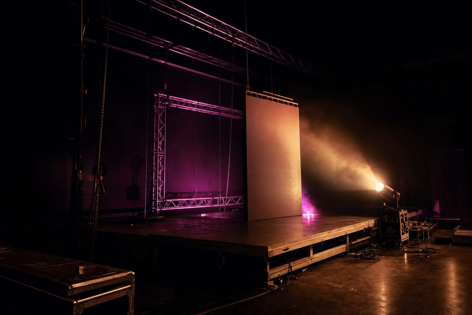 An empty part-built stage: bare truss overhead, a half-hung LED frame at the back and one projector aimed at a blank scenic panel, lit by a single work light.