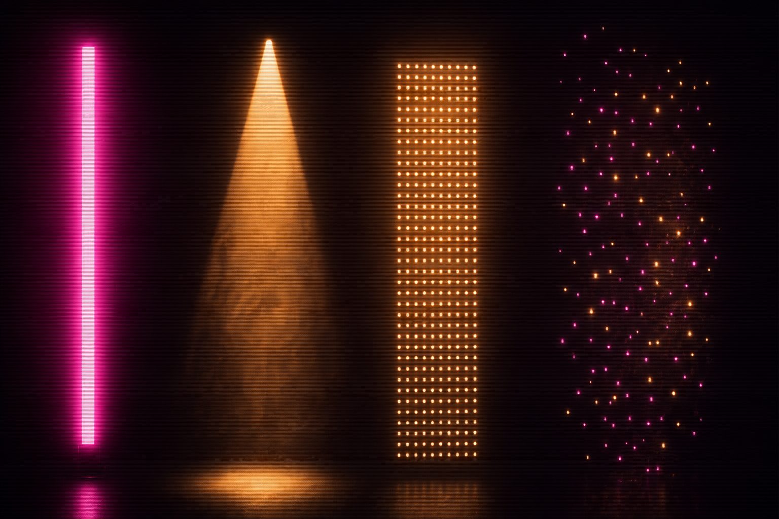 A row of distinctly different light forms side by side against black: a hard-edged bar, a soft cone, a fine diode grid and a scatter of loose points.