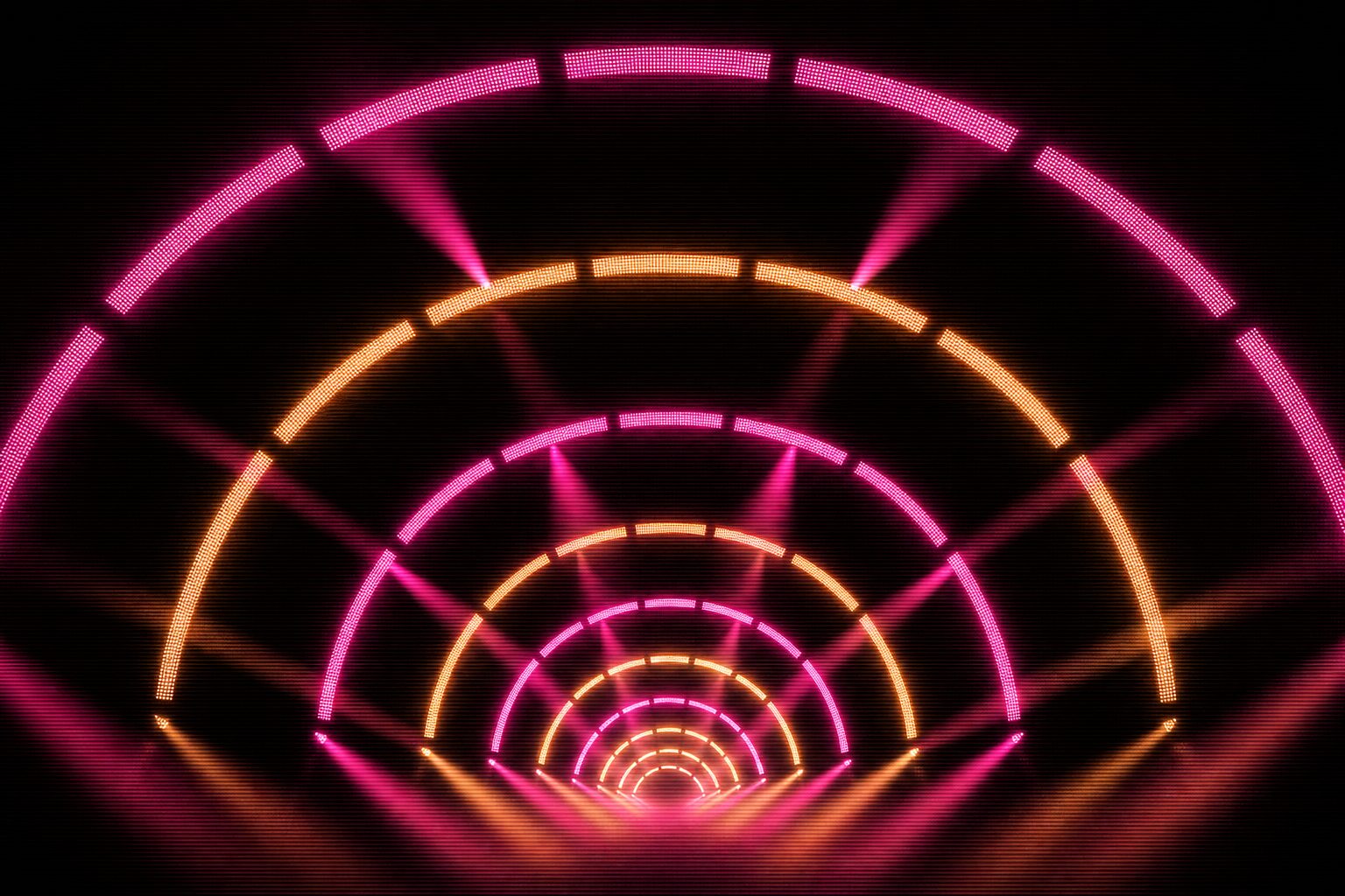 Nested arcs of magenta and amber light receding into darkness, echoing a concentric shell.