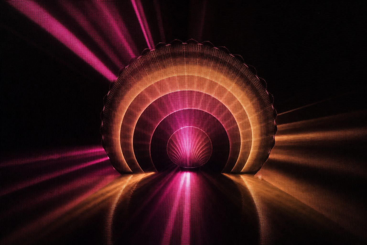 A concentric shell form catching nested bands of magenta and amber light, rippling outward.