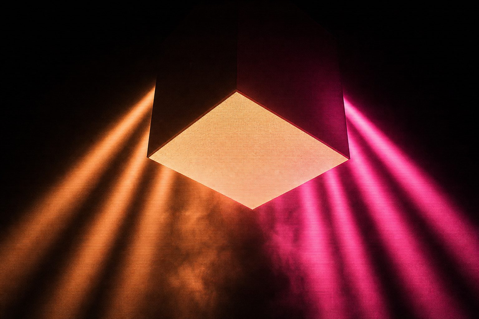 A wireframe cube seen from below, one face fully lit in magenta while the others fall away into black.