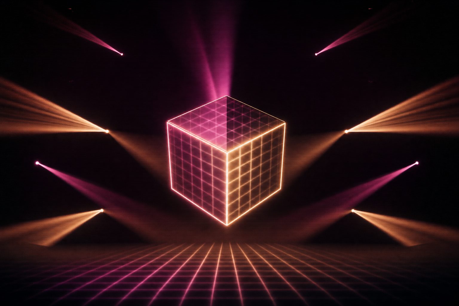 A cube outlined in light, rotating slowly, its faces catching a projected grid in magenta and amber.