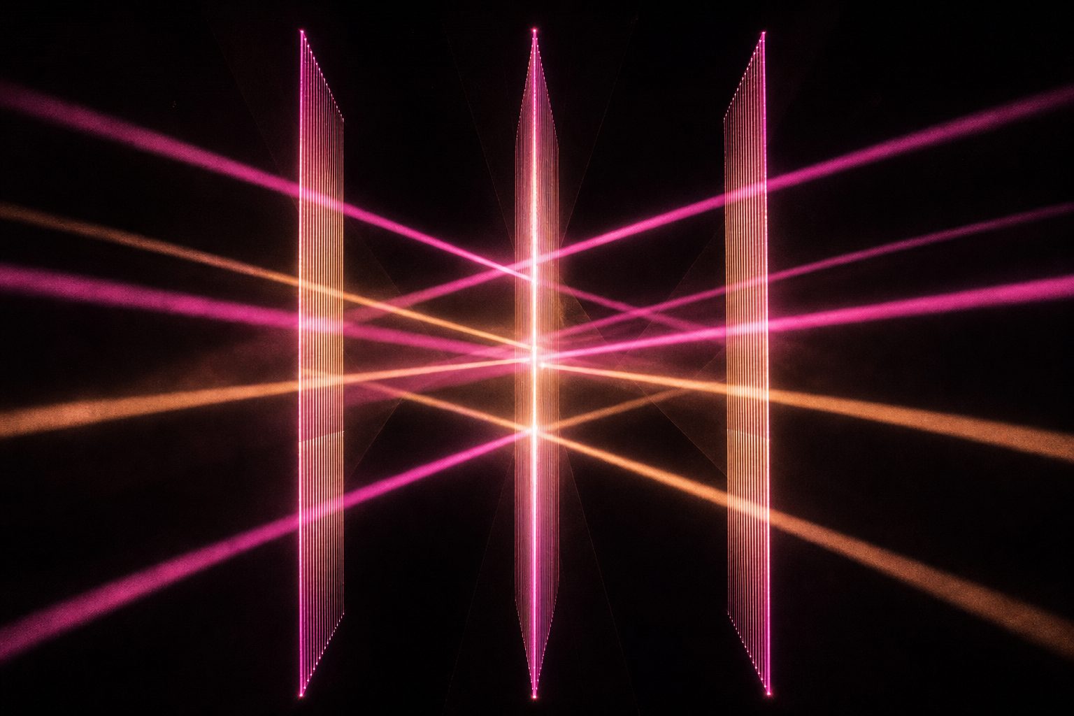 Three parallel projection planes seen edge-on, with beams of magenta and amber light passing between them through haze.