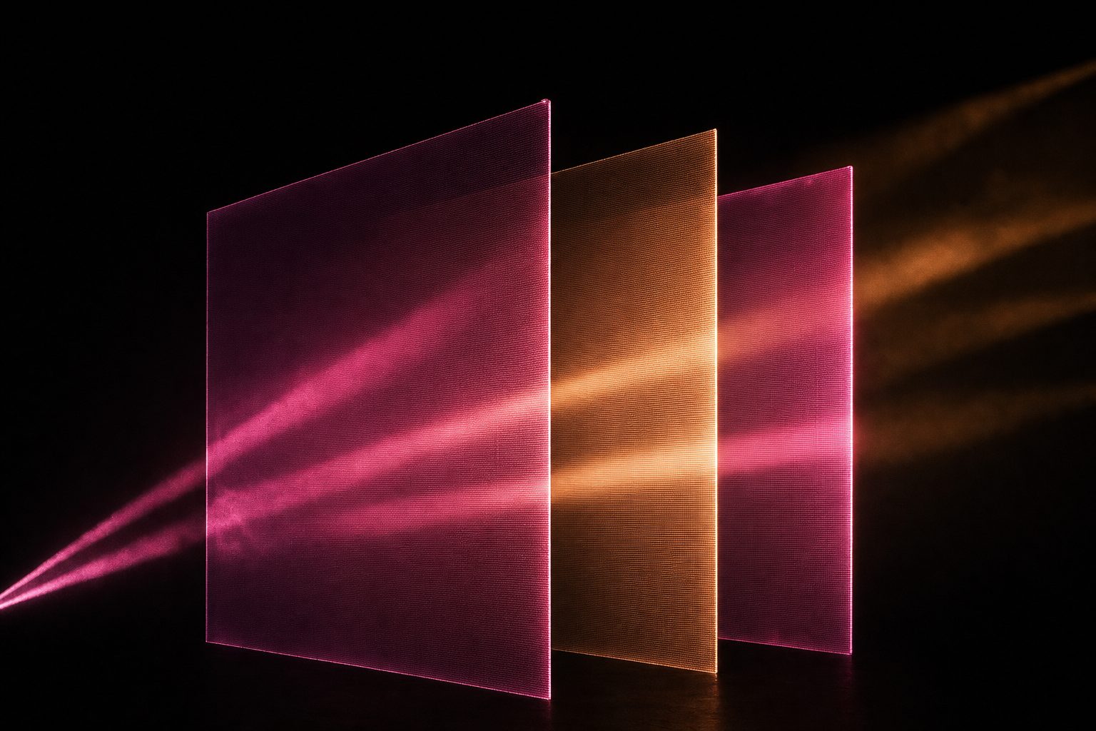 Three parallel translucent planes lit in sequence, stacking front to back in a dark space.