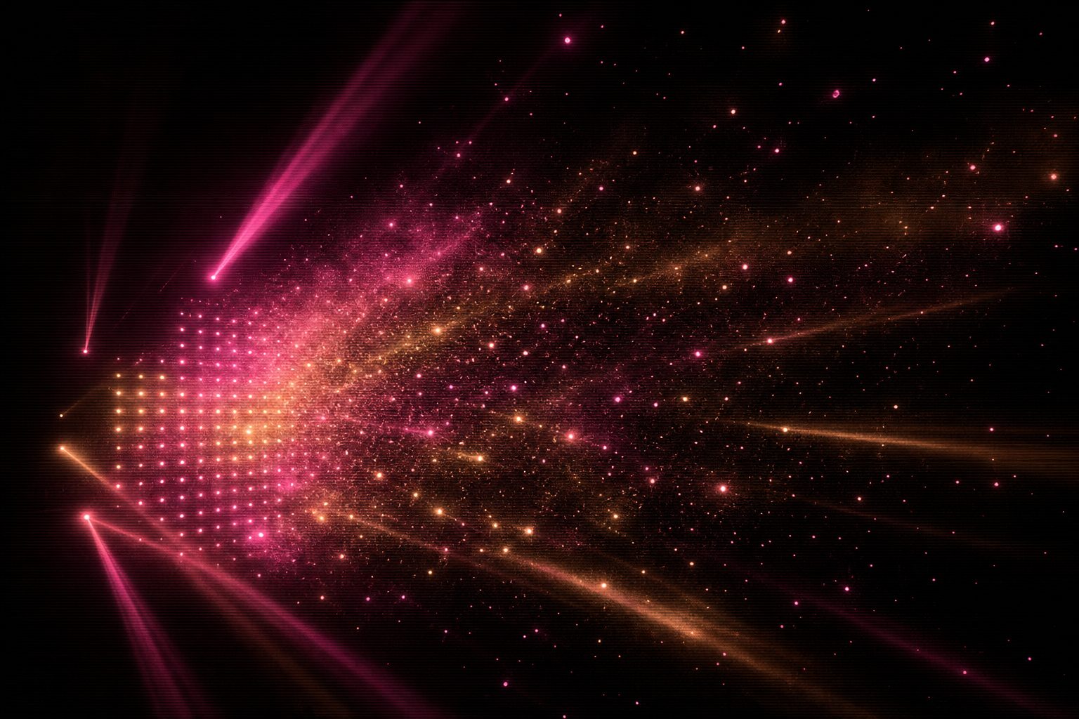 A volumetric array of light points dispersing, drifting apart into haze.