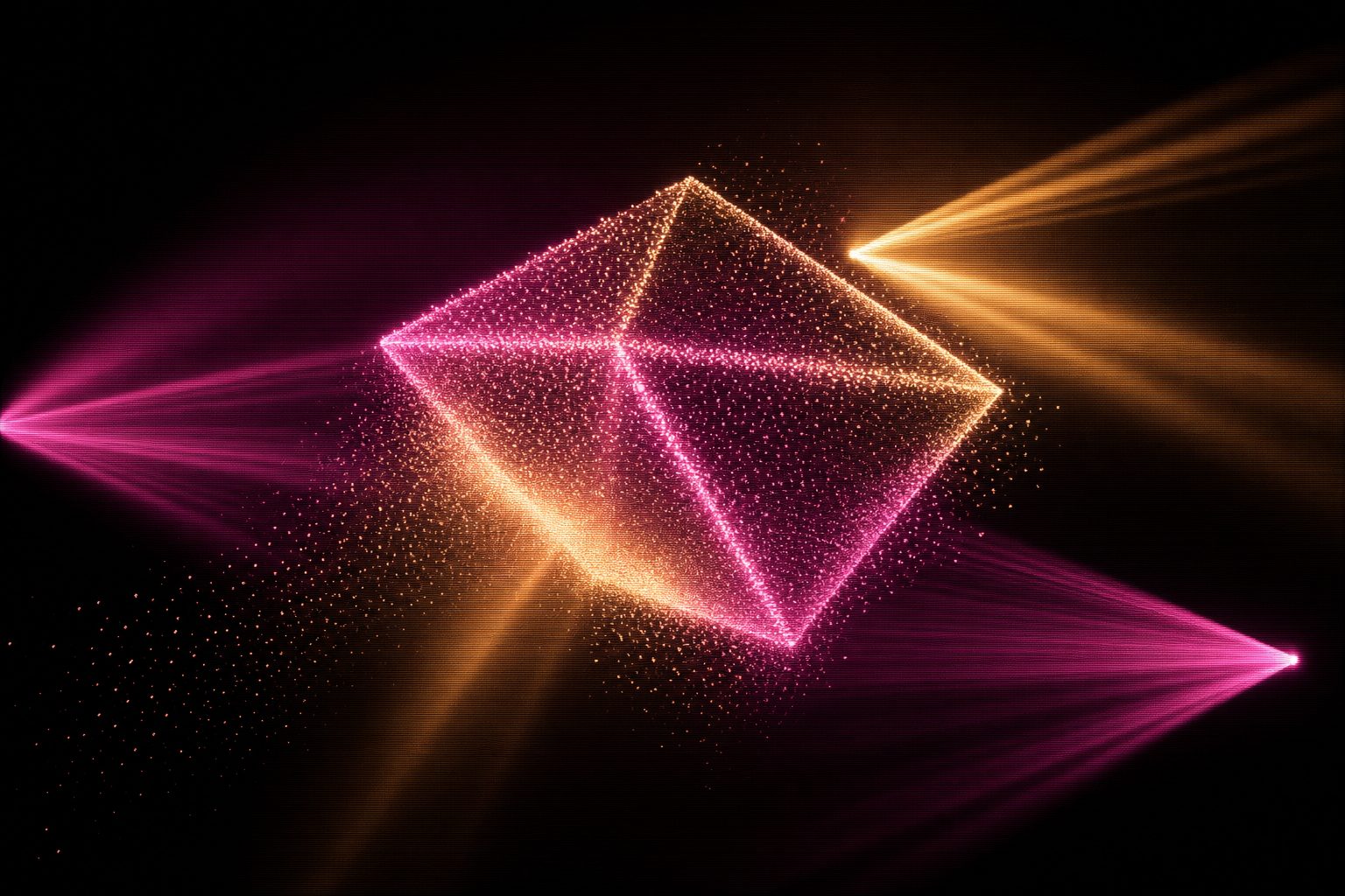 A dense volumetric array of points of light resolving into a floating solid form in dark space.