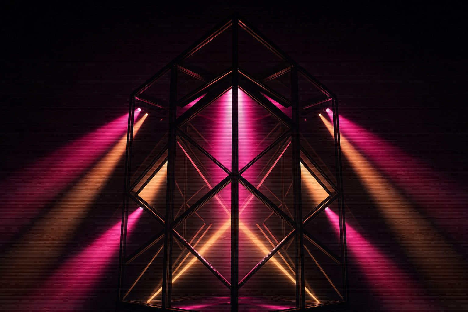 An angular installation frame filled with hard shafts of magenta and amber light, severe and geometric.