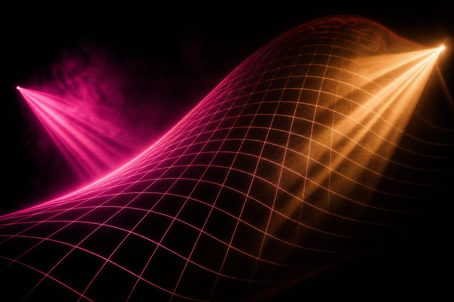 A single large curved architectural surface with a fine grid of magenta light warping across it.
