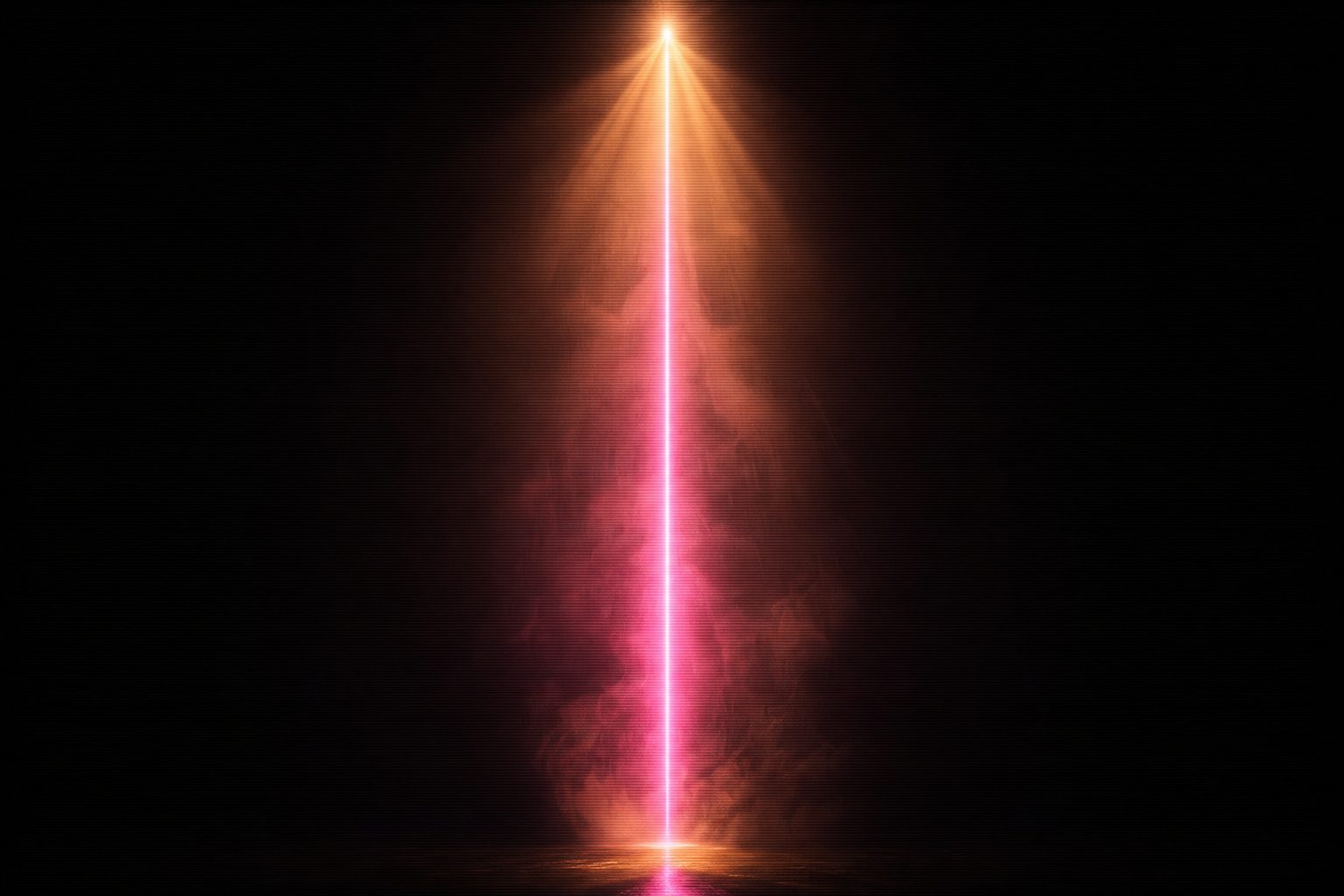 A lone vertical column of magenta light standing in vast black space, haze thick around it.