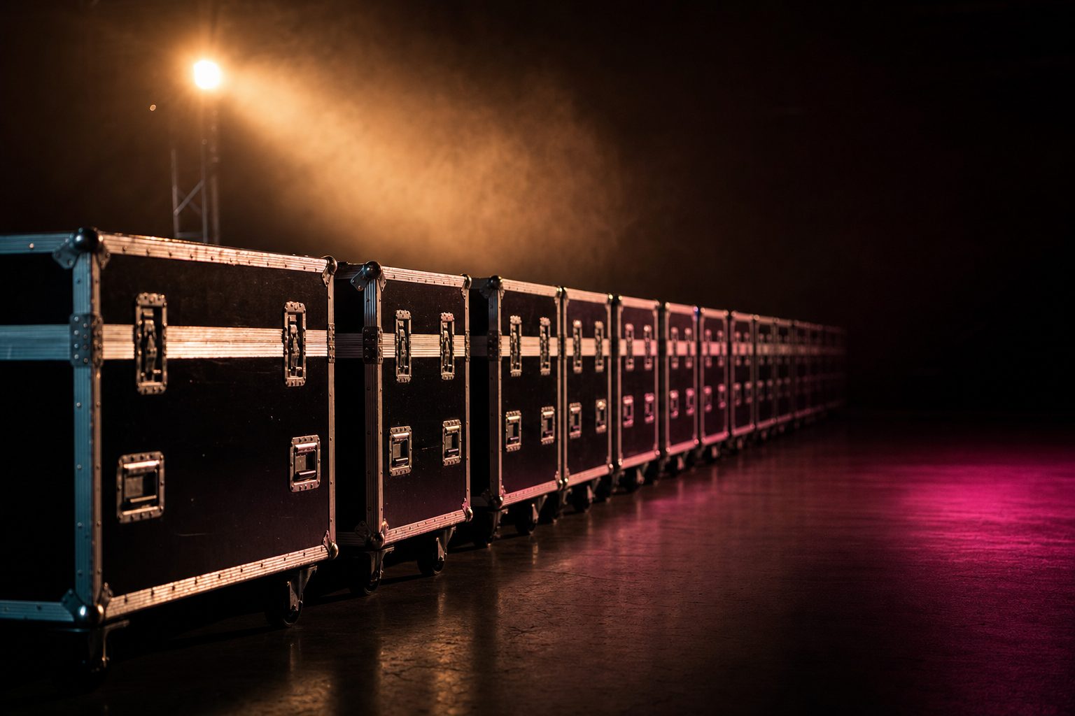 A long row of identical black flight cases lined up on an empty venue floor, latches and corner castings catching a single hard light, the row receding into darkness.
