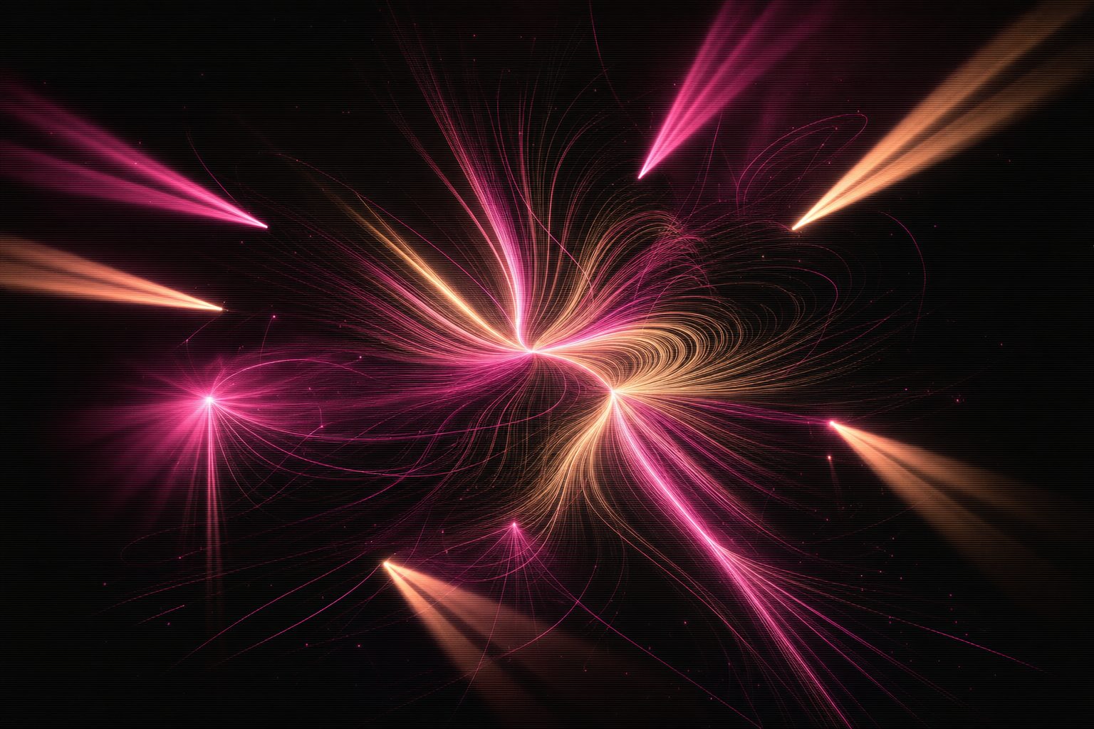 A dense field of generative geometry: thousands of thin filaments curling around an invisible attractor in the middle of the frame, thinning to nothing at the edges.