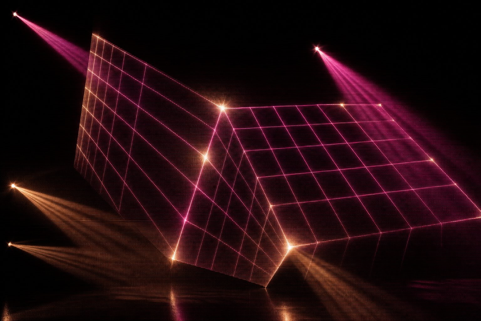 A projected grid warping to fit an angular surface, with alignment corners glowing in magenta.