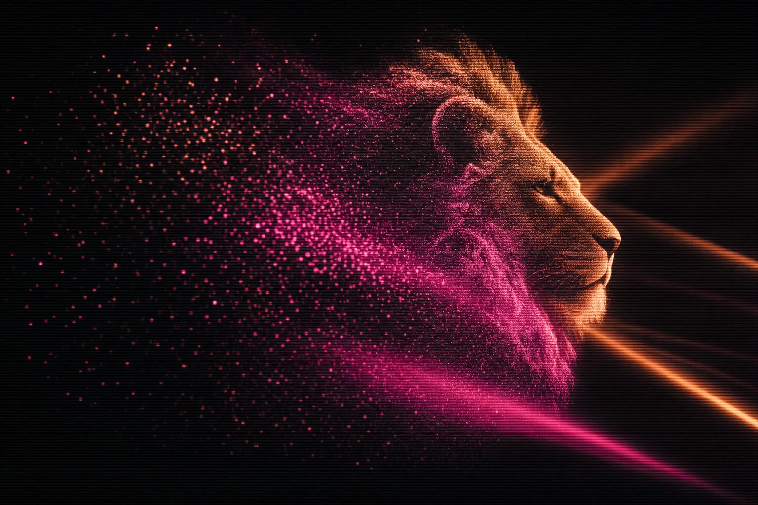A burst of particles caught mid-formation, coalescing into a recognisable shape on one side of the frame and dissolving back into loose points on the other.