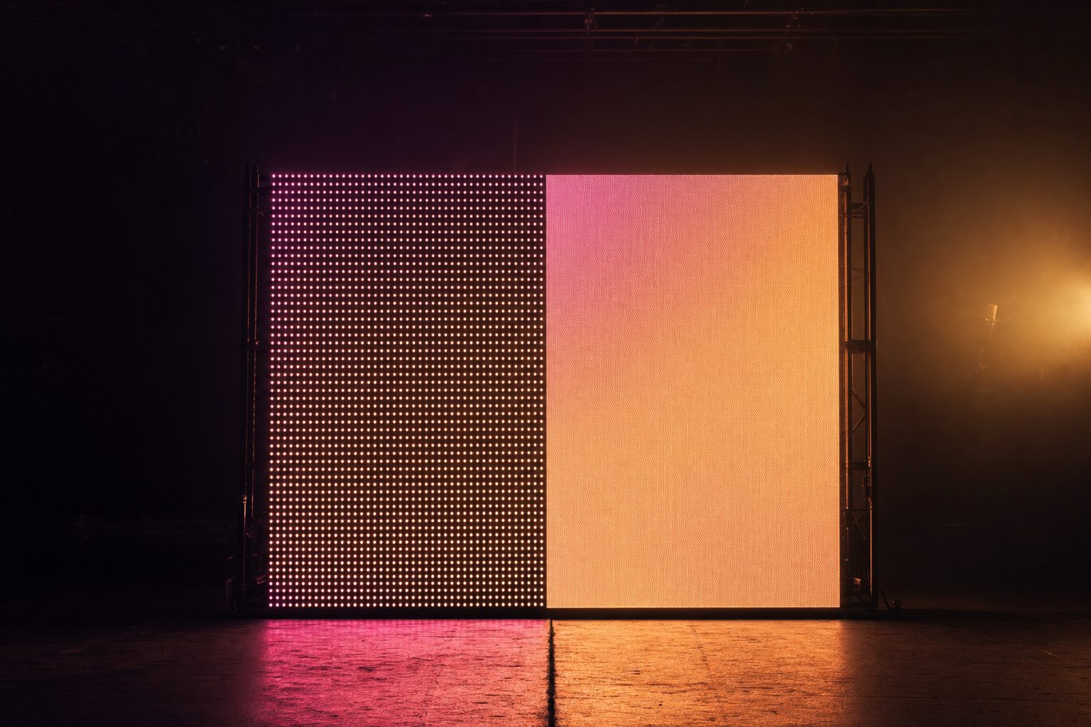 Two LED panels butted side by side and photographed square-on, the left one visibly coarse with wide gaps between diodes and the right one fine and almost continuous, the seam between them running down the middle.