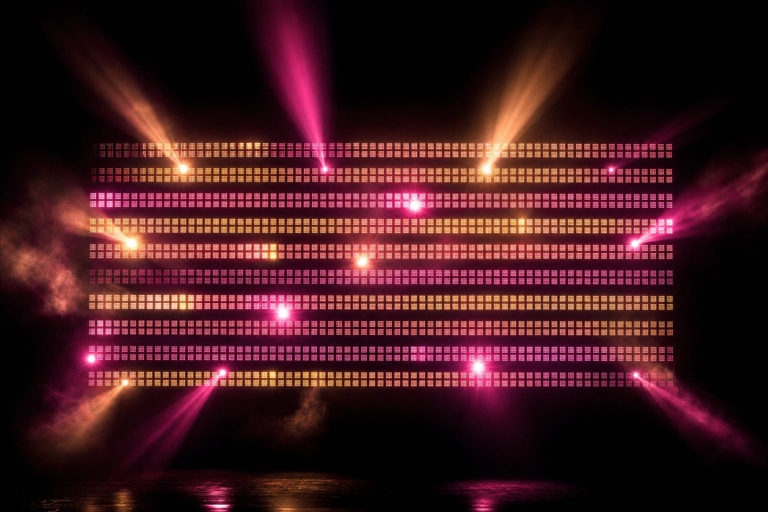 A large rectangular grid of glowing cells stacked in horizontal bands, each band a different intensity, a few individual cells burning much brighter than their neighbours.