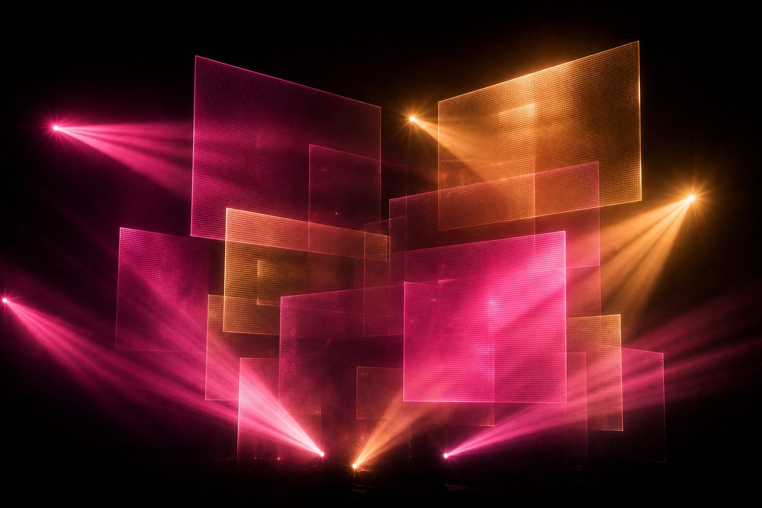 Layered translucent video clips shown as glowing rectangles stacked in depth.