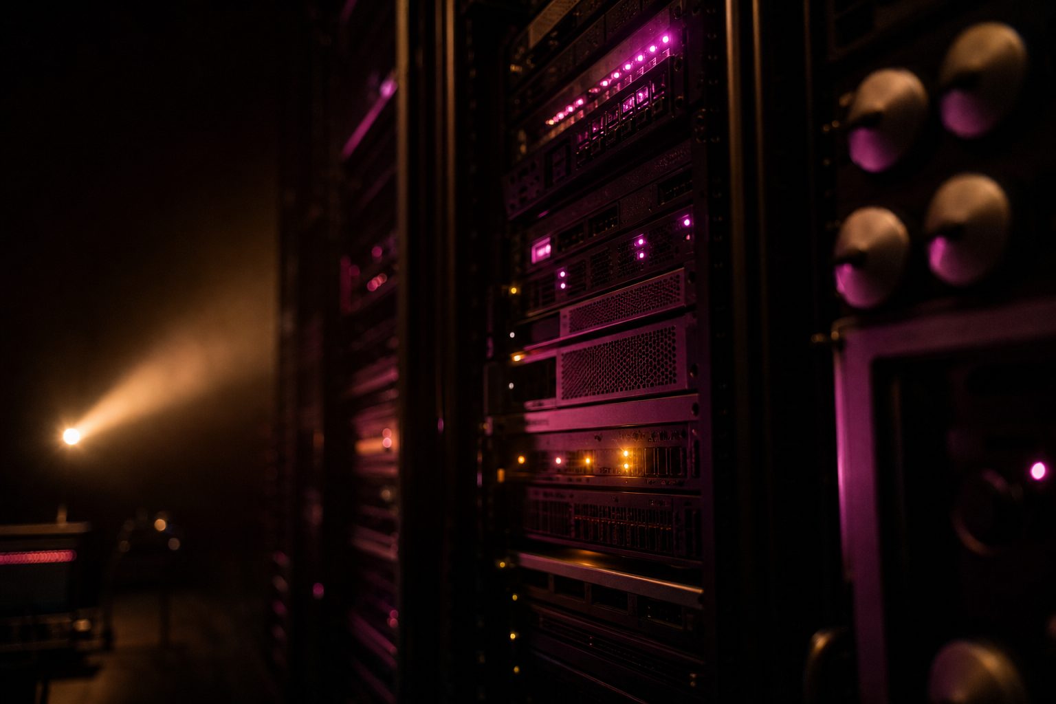 A rack of media servers in a dark machine room, their status LEDs the only light.