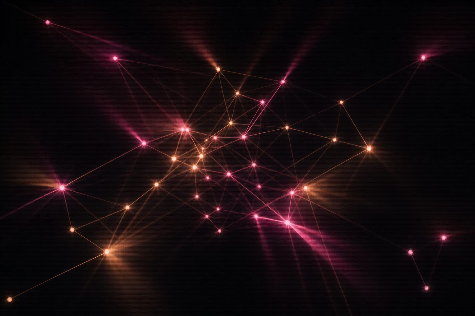 A network of glowing nodes joined by thin connecting lines spreading across black, some nodes clustered densely and others isolated at the ends of long links.