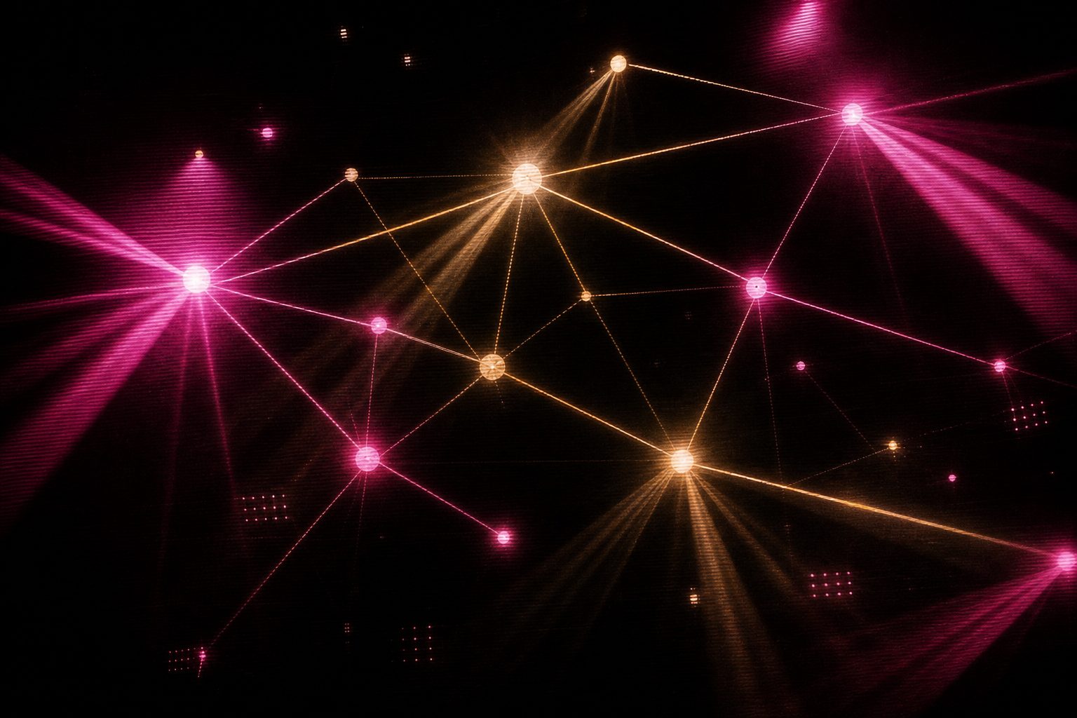 A node graph of glowing connected points and lines, resembling a signal-flow diagram drawn in light.
