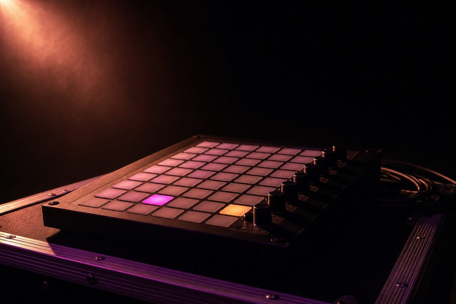 A hardware control surface on a road case in an empty dark venue: a grid of dimly lit square trigger pads with one lit magenta and one amber, a row of small controls down the right-hand edge, cabling trailing away.