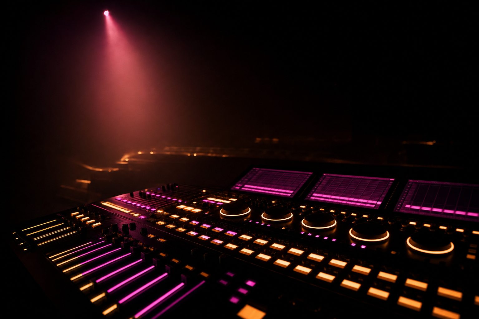 A VJ workstation in the dark, its control surface faders and jog wheels lit only by their own backlight.