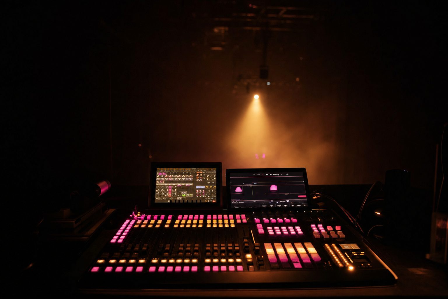 An empty operator position in a dark venue: two screens above a control surface of illuminated magenta and amber pad grids, a single amber beam hanging in haze behind it.