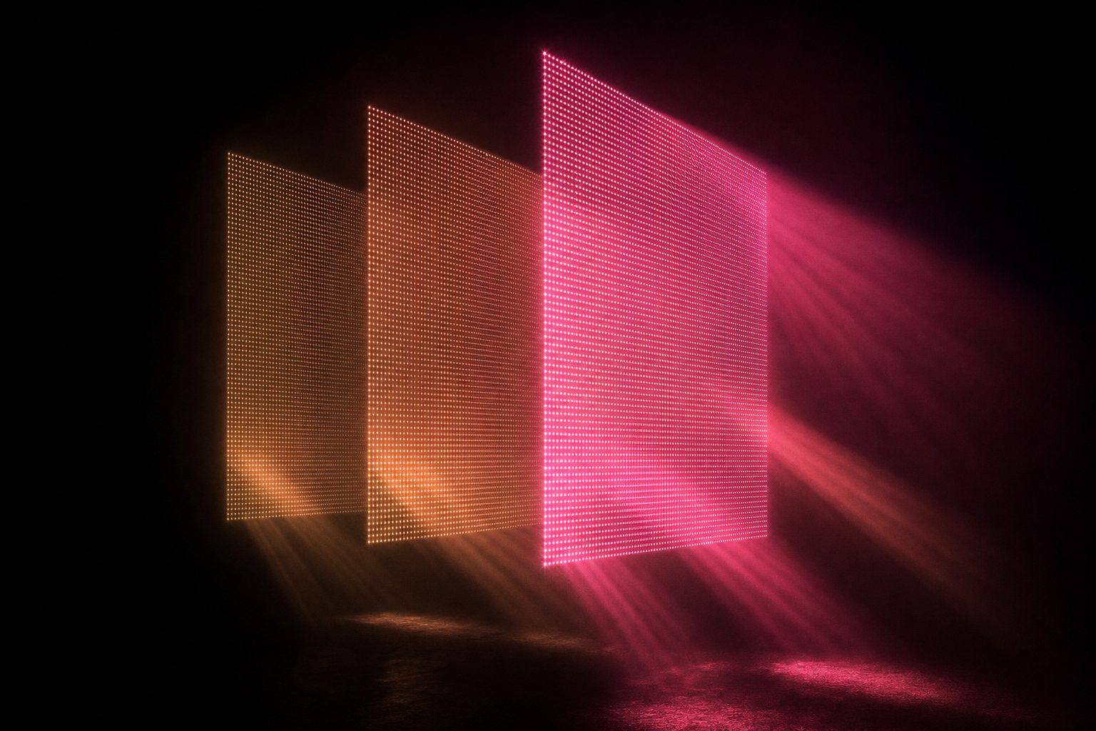 Three translucent planes of fine diodes suspended one behind another in deep haze, each successive plane dimmer than the last so the picture reads as physical depth.